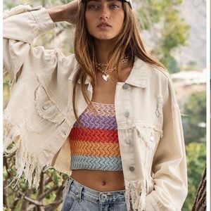 Oat Fringed Distressed Crop Jacket